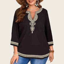 Fashionable Casual V-Neck Ethnic-Style Printed Three-Quarter-Sleeve Shirt Top