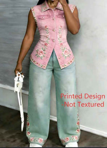 Workwear Style Sleeveless Printed Two-piece Set