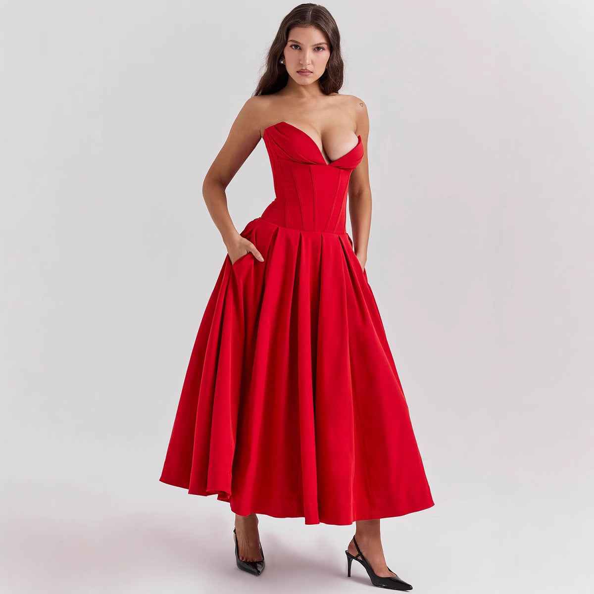 Solid-color V-neck Maxi-length Sleeveless Boned Bustier Elegant Sexy Figure-flattering Midi Dress