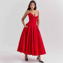 Solid-color V-neck Maxi-length Sleeveless Boned Bustier Elegant Sexy Figure-flattering Midi Dress