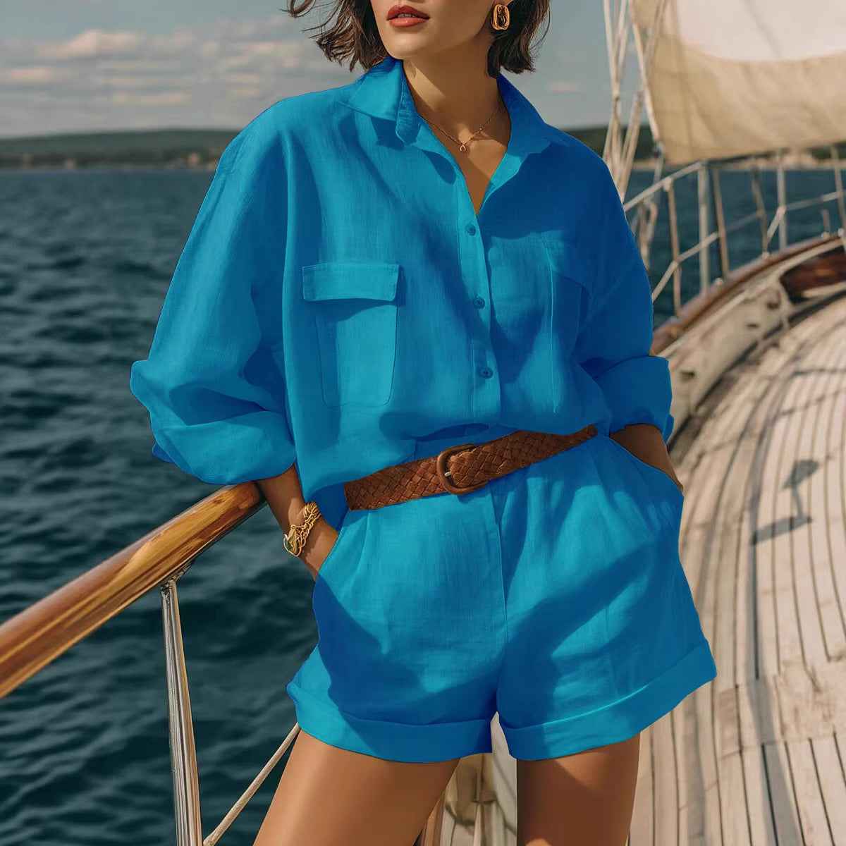 Cotton-linen Loose-fit Button-down Shirt And Shorts Fashion Casual Set