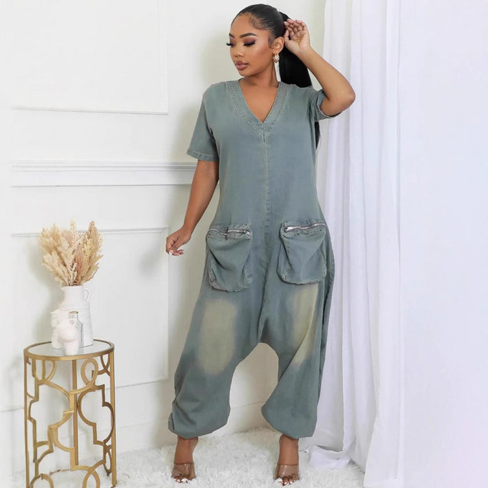 Combinaison salopette ample entrejambe bas style rétro pour femme
