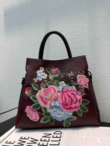 Tote Bag With Embroidered Peony Flowers Ethnic-style Textured Design