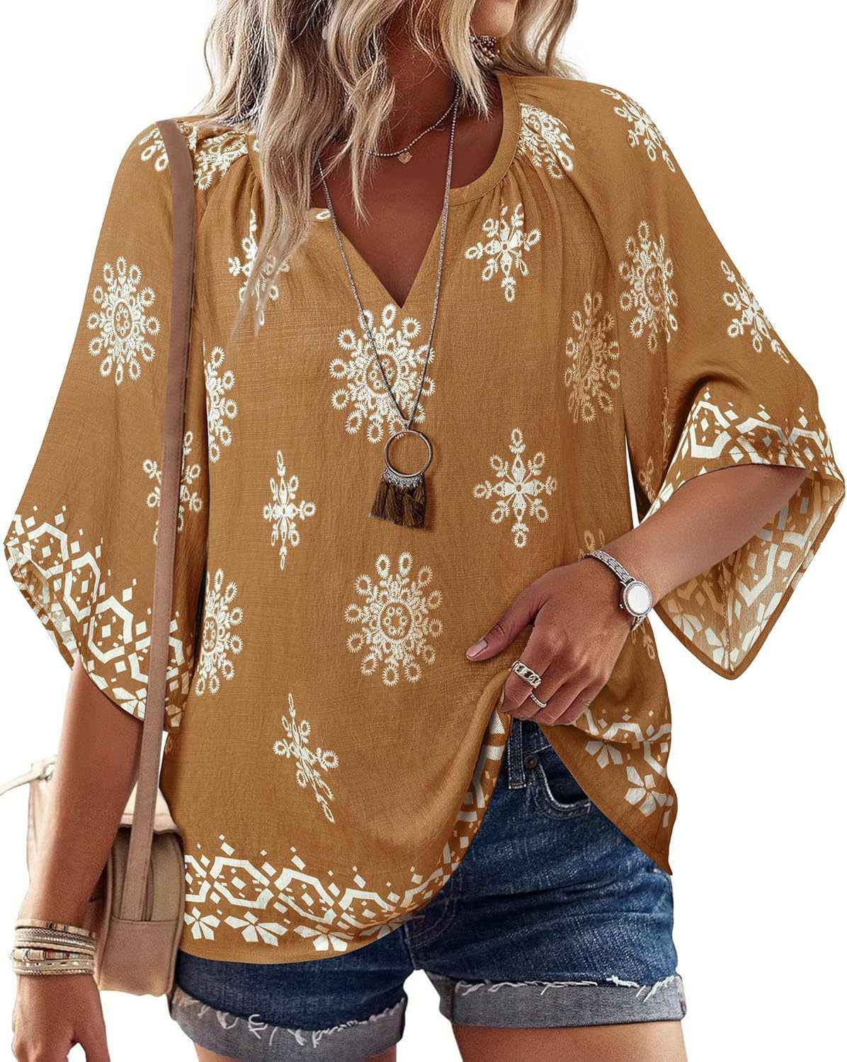 V-neck Printed Bohemian Country-Style Casual Loose Summer Top