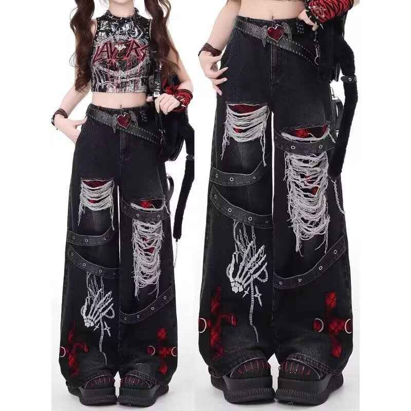 Womens Vintage Washed Distressed Ripped Jeans