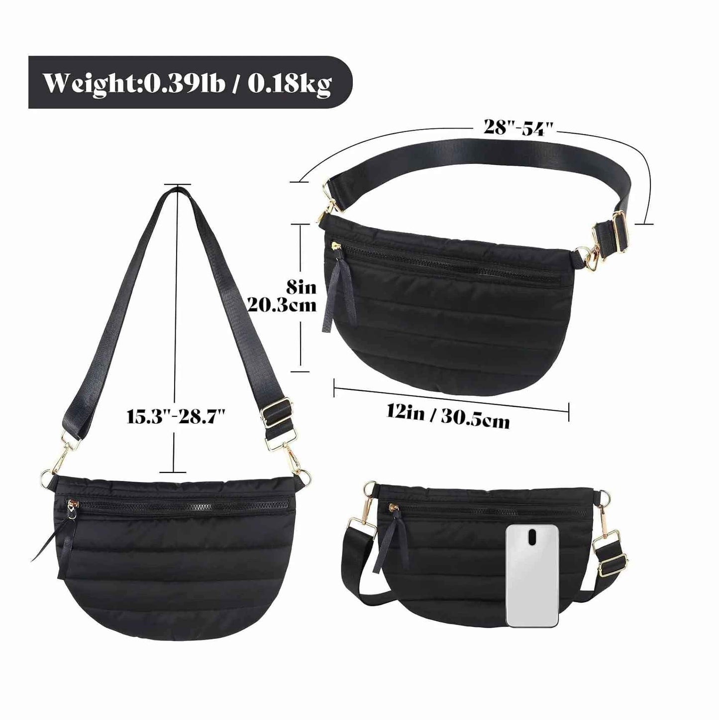 Womens Casual Quilted Solid-Color Down Waist Bag Shoulder Bag