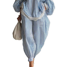 Blue And White Striped Lace-trimmed Loose Set For Women