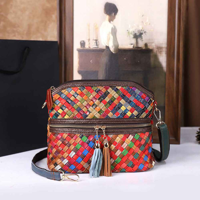 Womens First-Layer Colored Leather Shoulder Bag With Woven Design