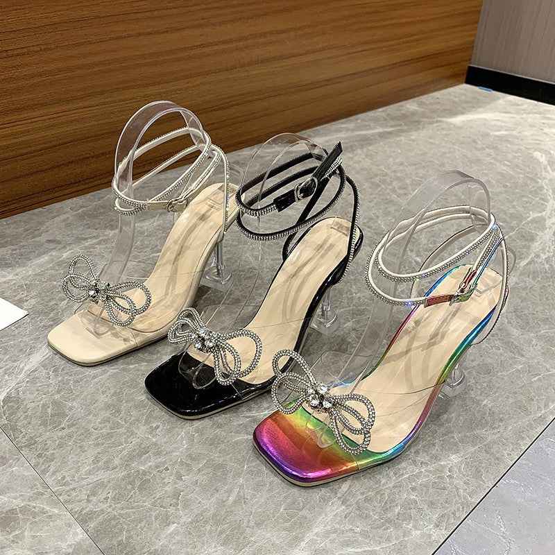 Crystal Clear Wine Glass And Rhinestone Bow Sandals For Women