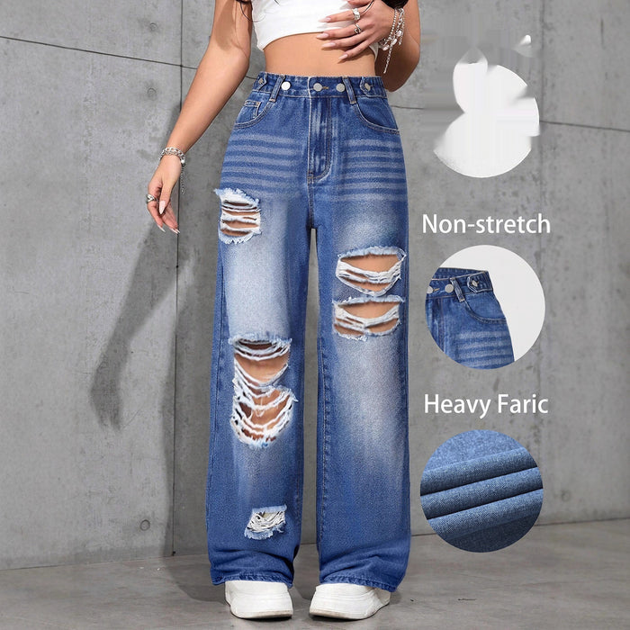 Jean droit ample pour femme, style déchiré, à boutons multiples