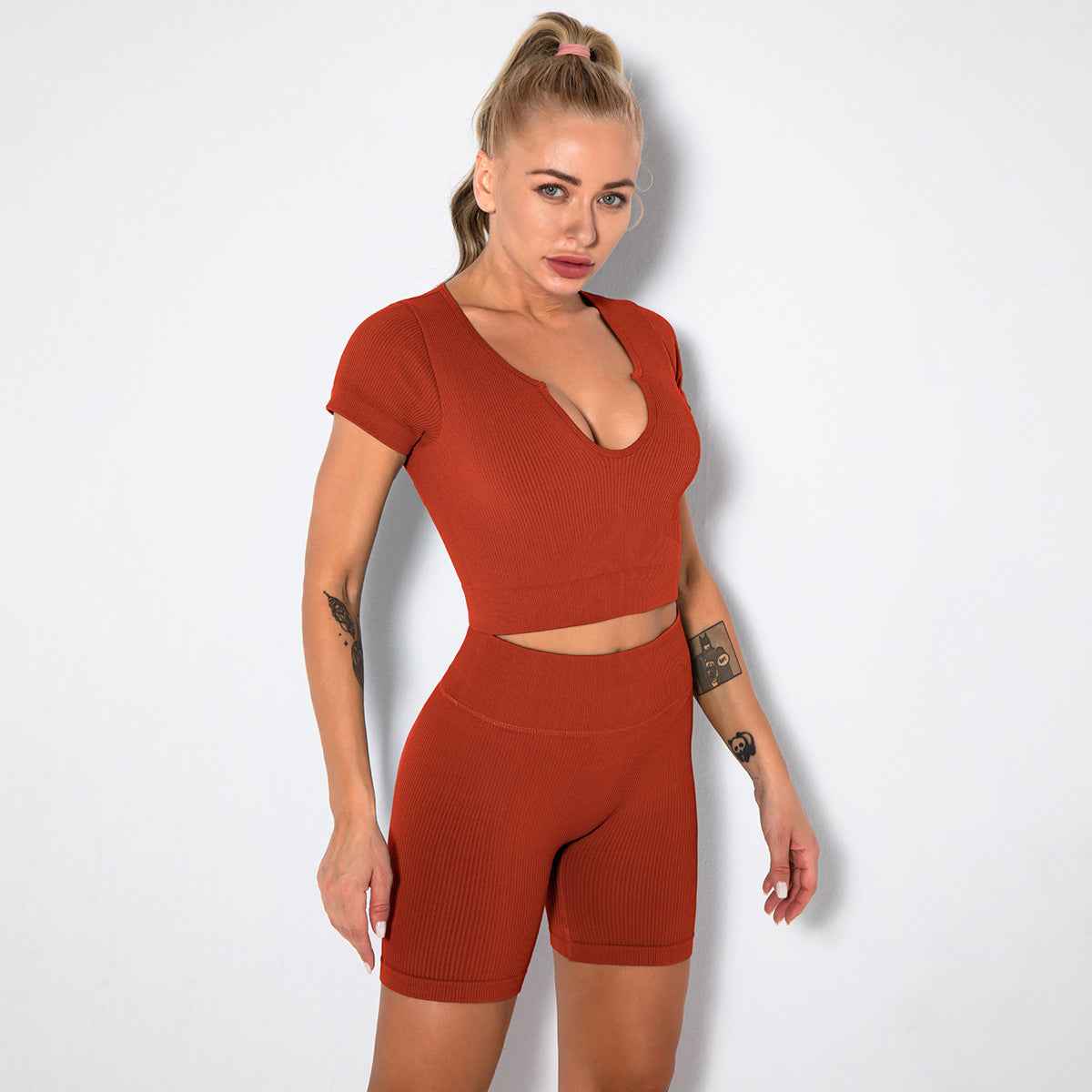 Seamless Knitted Sexy Sports Short-sleeved Shorts Yoga Wear Fitness Suit