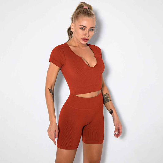 Seamless Knitted Sexy Sports Short-sleeved Shorts Yoga Wear Fitness Suit