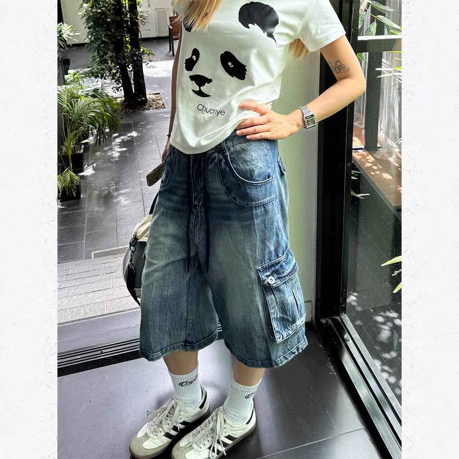 American-style Washed Loose-fit Multi-pocket Denim Capri Pants
