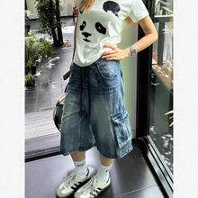American-style Washed Loose-fit Multi-pocket Denim Capri Pants