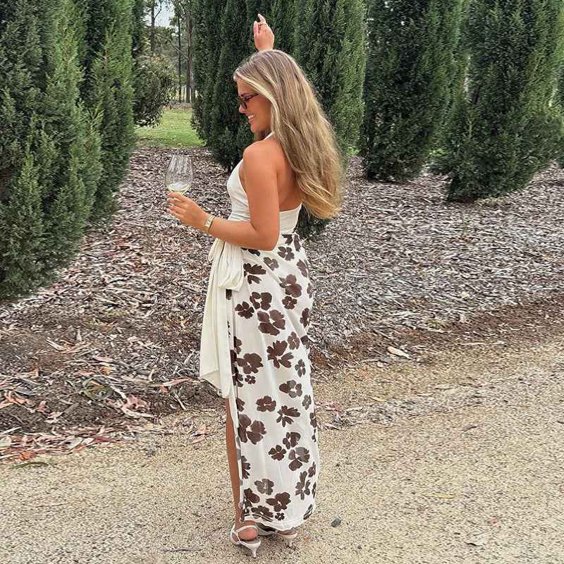 Fully Managed V-Neck Printed Patchwork Chic Long Dress