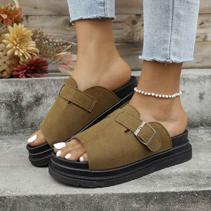 Sandales plates à boucle pour femme, style mode, bout ouvert, semelle épaisse, tongs d'extérieur antidérapantes