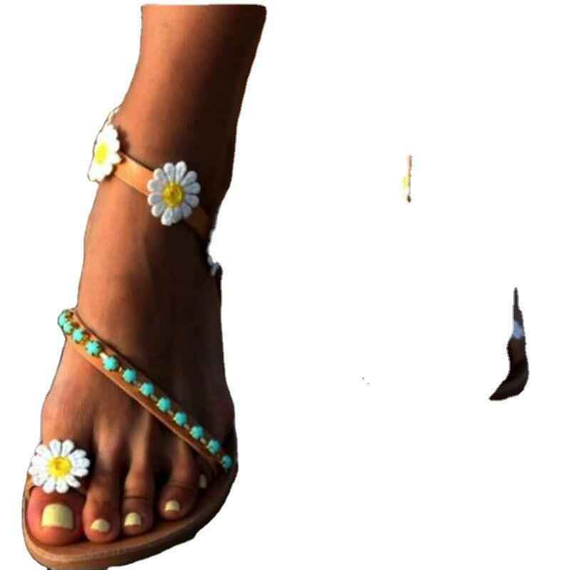 European And American-style Floral Rhinestone Flat Sandals For Women