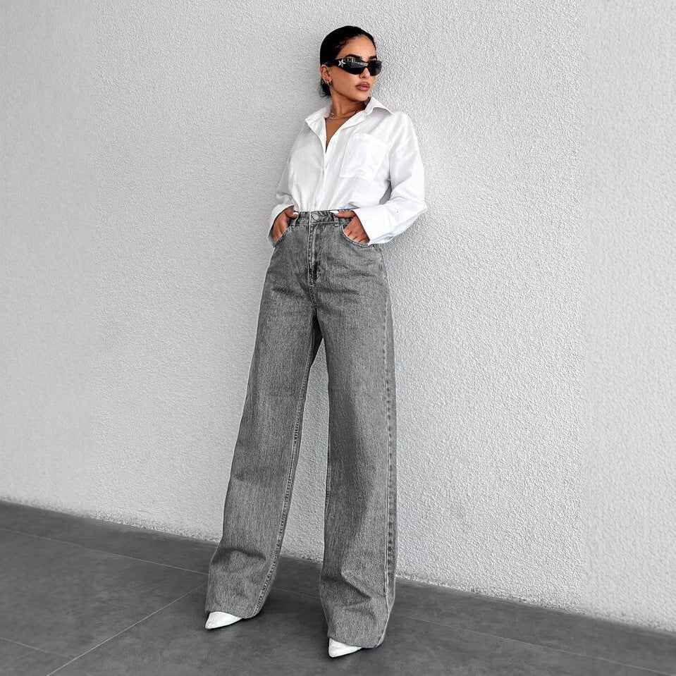 Silver-gray Straight-leg Womens Springfall Denim Jeans With A Draped Versatile Fit High Waist And Slimming Effect