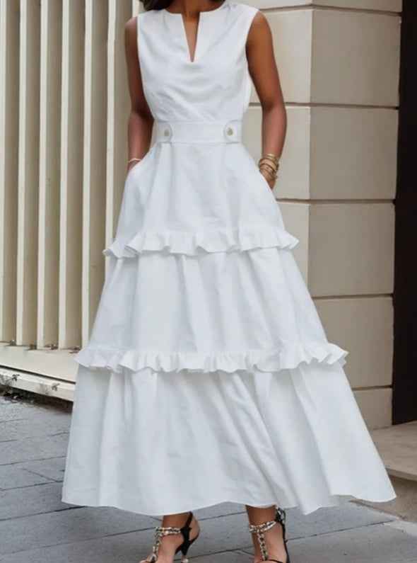 V-neck Sleeveless Fitted Waist Ruffle Dress