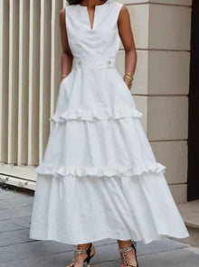 V-neck Sleeveless Fitted Waist Ruffle Dress