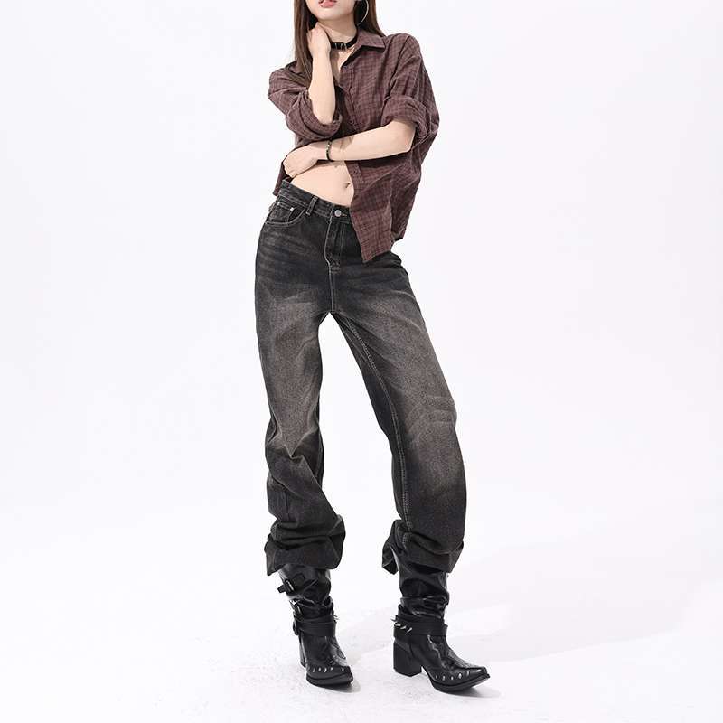 AutumnWinter Charcoal-Gray Loose Flared Denim Jeans by Mirlaine Univers