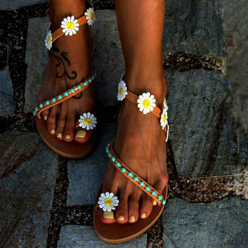 European And American-style Floral Rhinestone Flat Sandals For Women