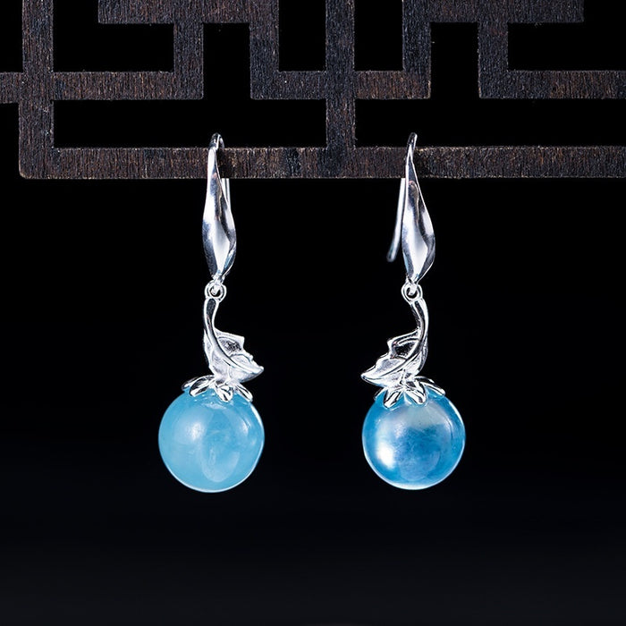 Su XVIII S925 Silver Fashion Flower Earrings Vintage Leaves Aquamarine Jewelry