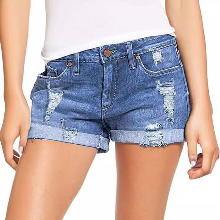 Short en jean extensible droit à effet déchiré pour femme