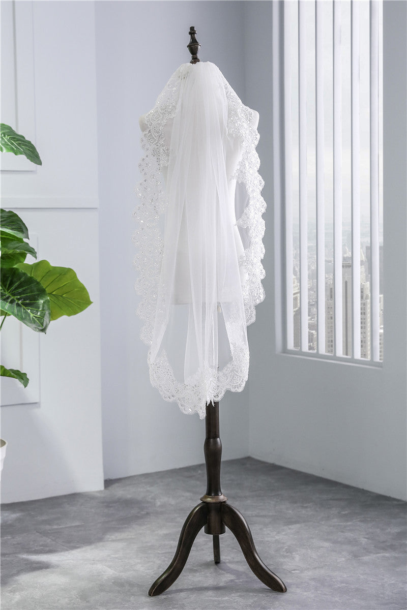 Short Veil Soft Mesh Sequined Lace White Ivory by Mirlaine Univers