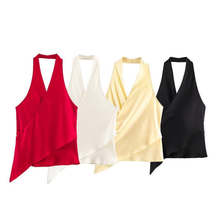 Satin Textured Halter Neck Top Versatile Streetwear Style