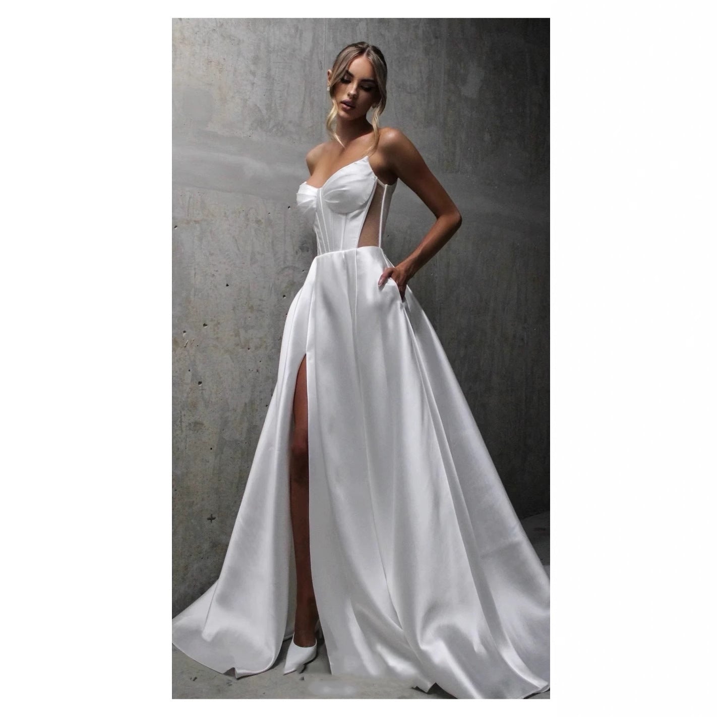 White Satin Slit Pocket Bandage Wedding Dress by Mirlaine Univers