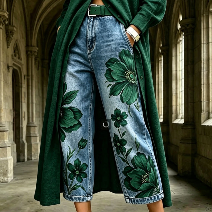 Mid-rise Wide-leg Denim Capri Pants