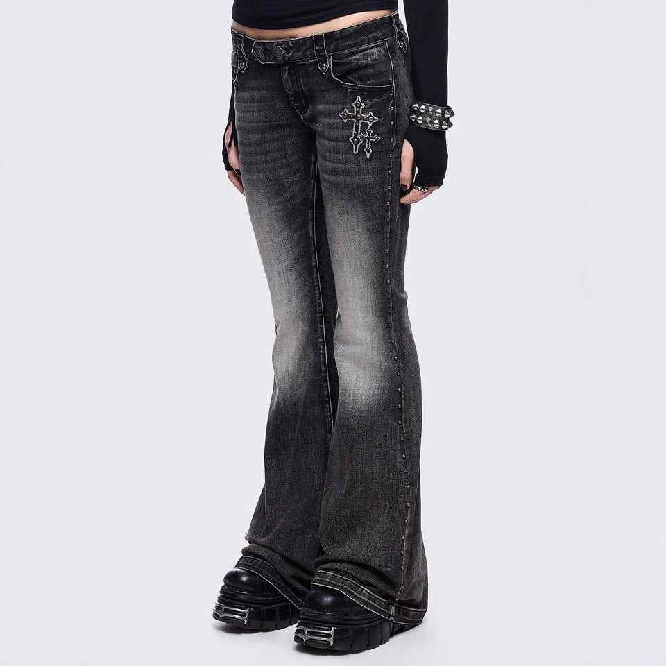Womens Retro Wing-Pattern Slim-Fit Jeans