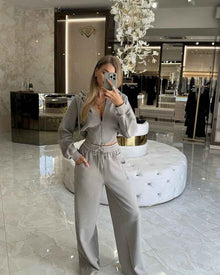 Women's Solid Color Zip-Up Hooded Sweater Set