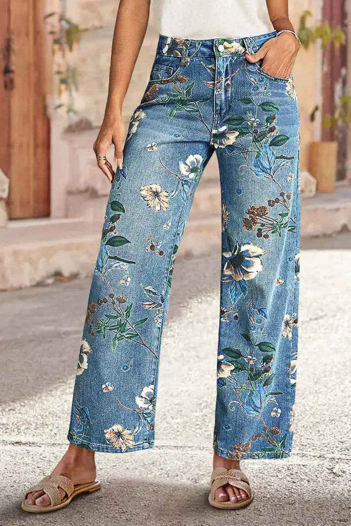Jean droit taille haute en denim imprimé floral vintage