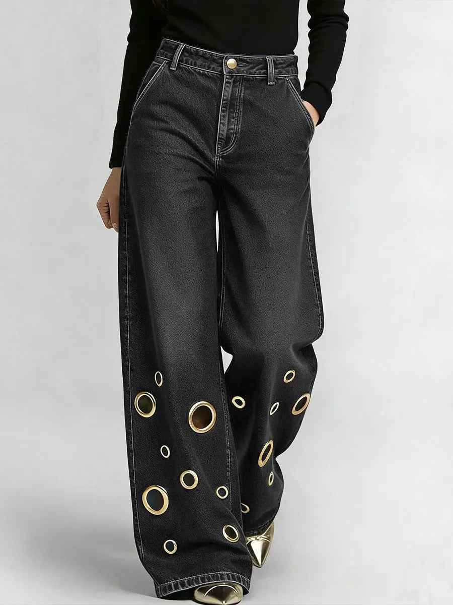 High-waisted Loose-fit Denim Jeans With Cutout Detailing And Metal Eyelets
