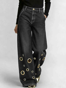 High-waisted Loose-fit Denim Jeans With Cutout Detailing And Metal Eyelets