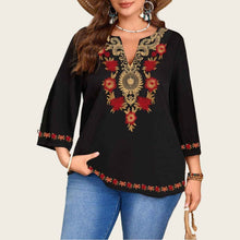 Fashionable Casual V-Neck Ethnic-Style Printed Three-Quarter-Sleeve Shirt Top