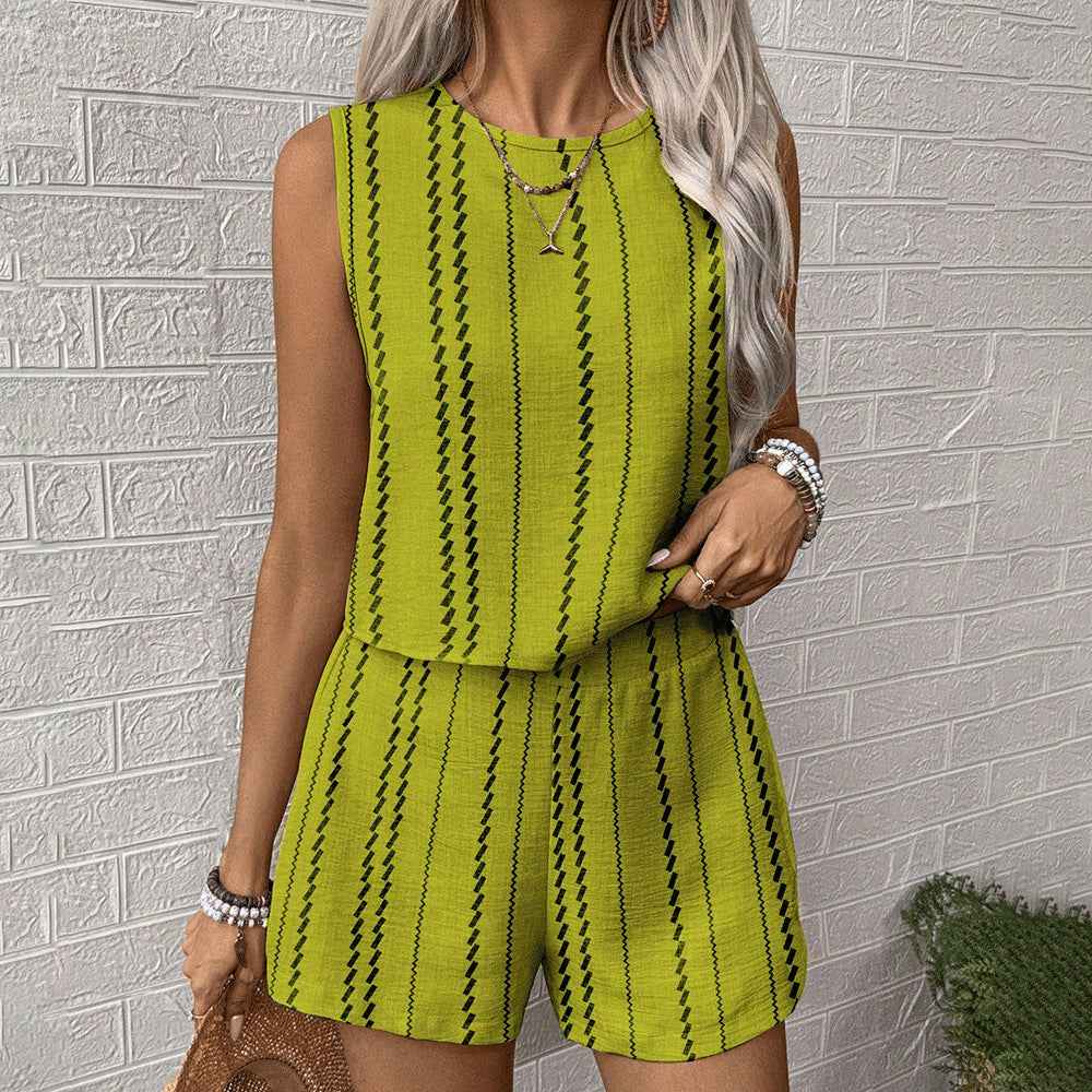 Womens Casual Striped Sleeveless Fashion Top And Shorts Two-Piece Set