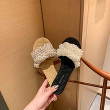 Small Fragrant Leather One-word Pearl Slippers Women Sandals For Outer Wear