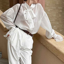 Retro Tie-Neckline Petal-Sleeve Top
