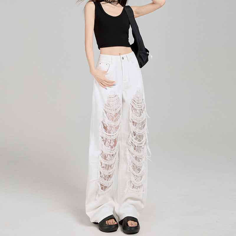 Women's Off-White Ripped Lace High-Waist Loose Denim Jeans