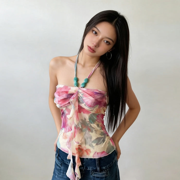 Pink Halter Neck Sleeveless T Shirt Unisex Slim Fit