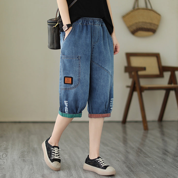 Pantacourt décontracté coupe ample grande taille pour femme, effet délavé usé et taille élastique