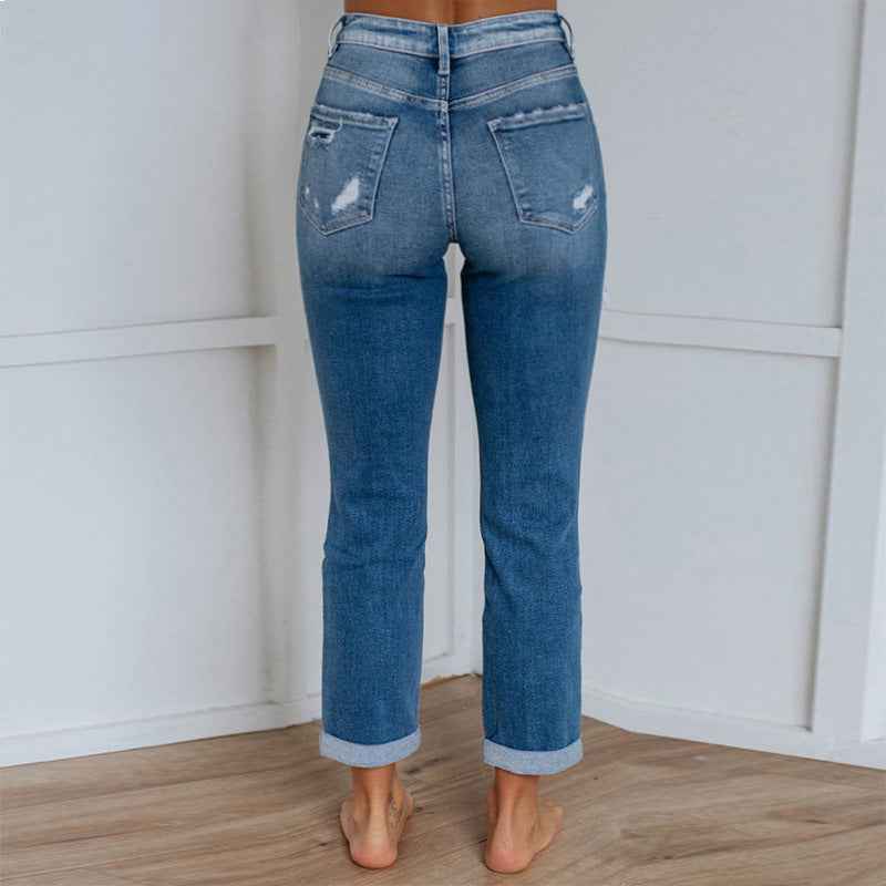 Womens Washed Gradient-Dye Ripped Jeans Fashion-Forward Style