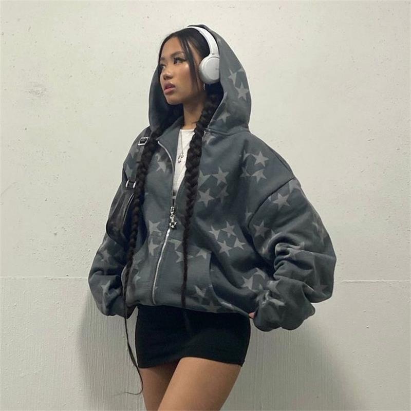 Stars Printed Zipper Hooded Cardigan Couple Fashion Outerwear Hoodies Sweatshirt Street Men Women Coat by Mirlaine Univers