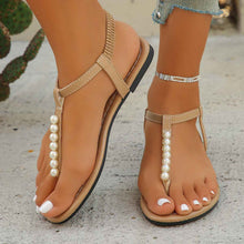 Pearl Thong Sandals Summer Fashion T-Strap Flat Sandals With Elastic Band Beach Shoes For Women