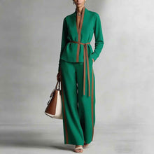 Women's Casual Patchwork Cardigan Shirt And Wide-Leg Pants Set