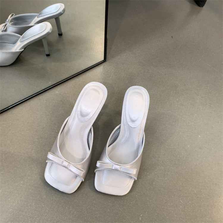 French-style Sophisticated Bow-tie Square-toe Open-toe Stiletto Sandals For Women
