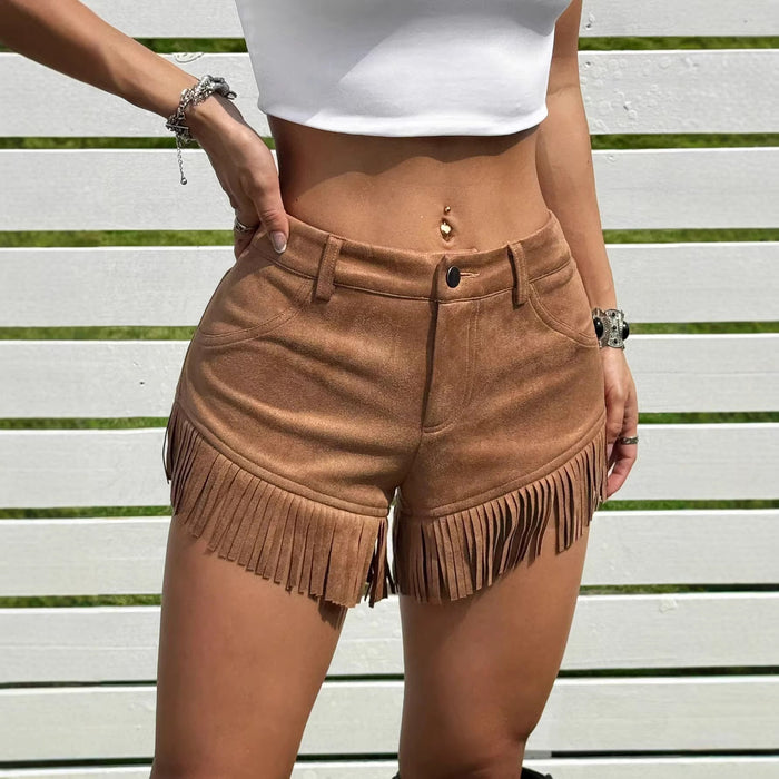 Shorts rétro en daim style western à franges pour femme